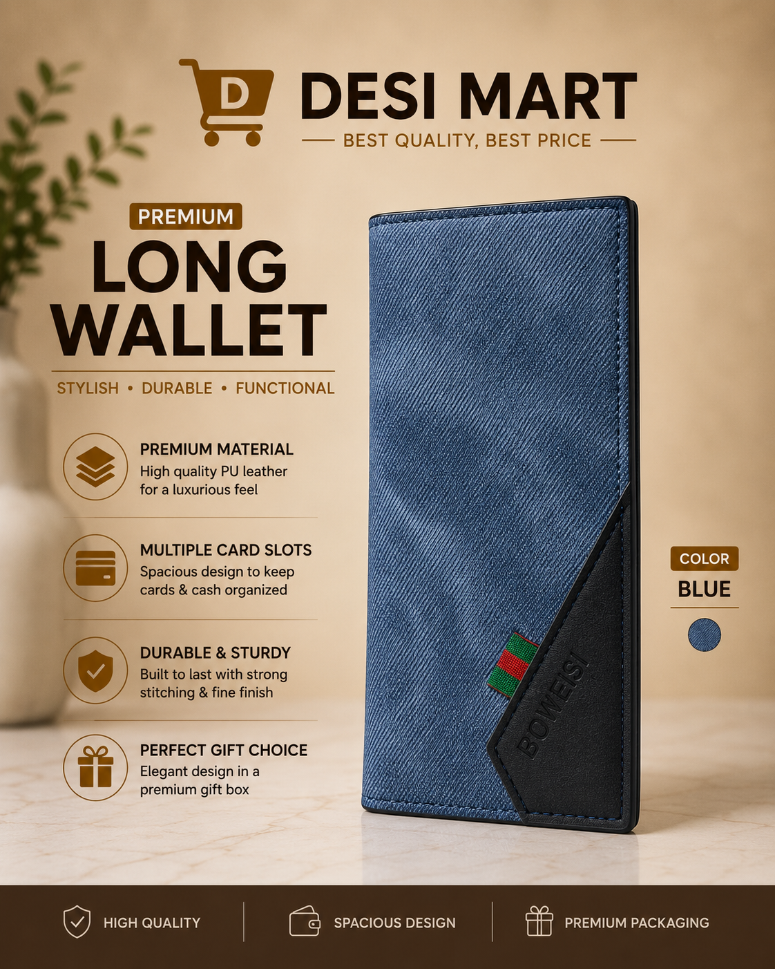 BOWEISI Leather Long Wallet for Men