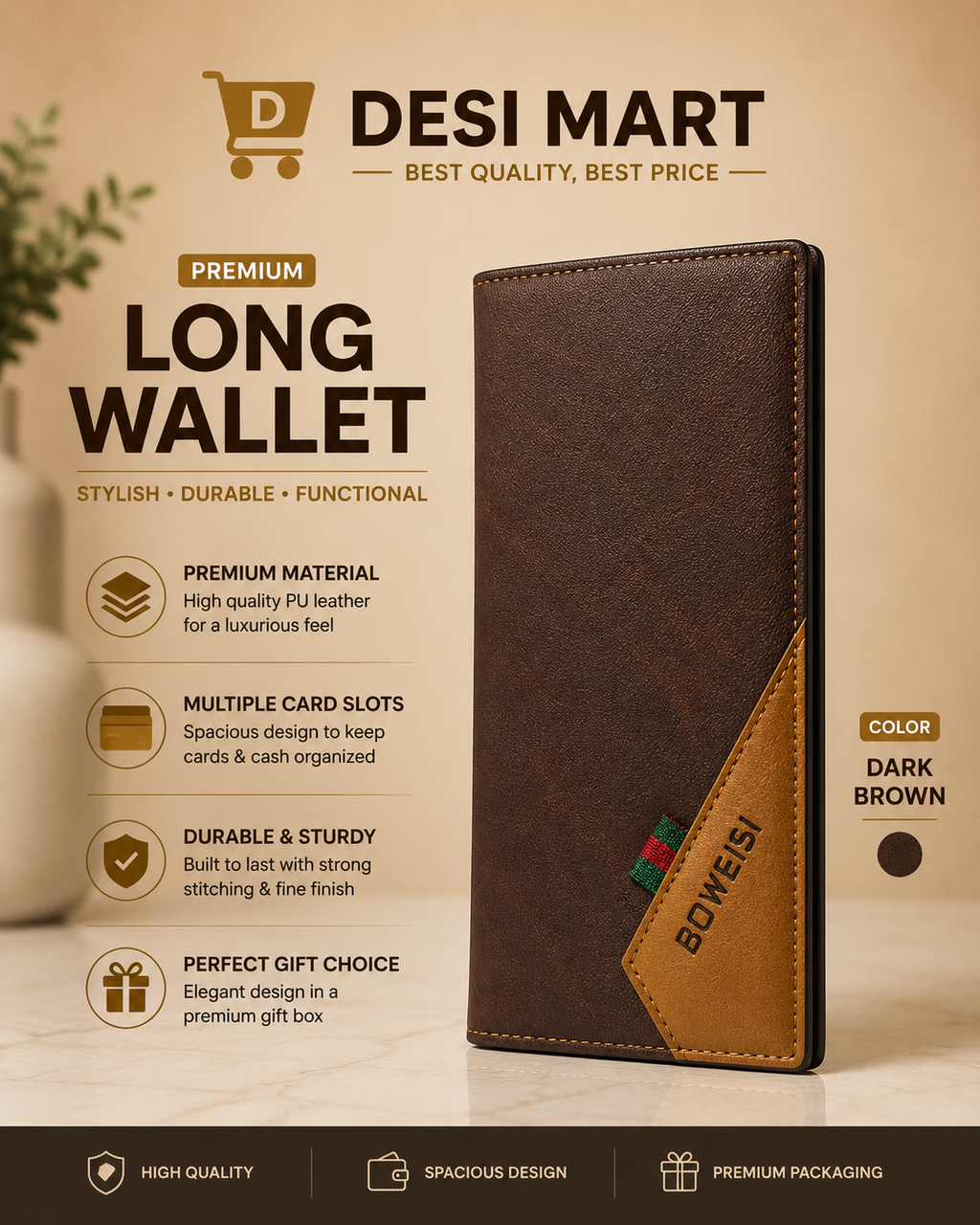 BOWEISI Leather Long Wallet for Men