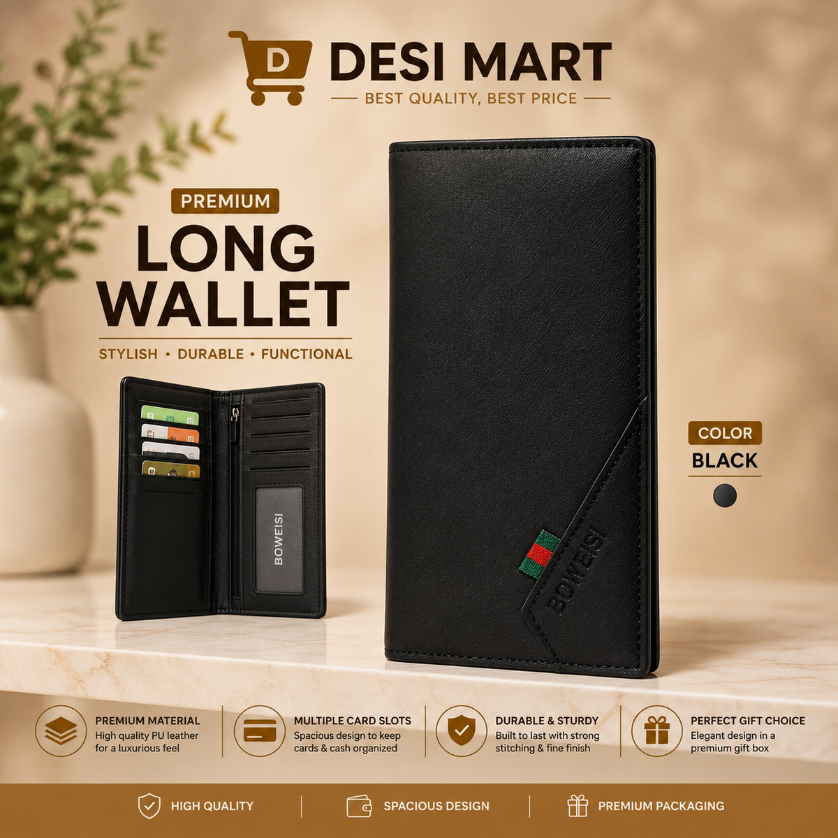 BOWEISI Leather Long Wallet for Men